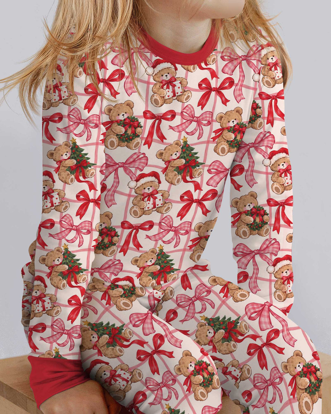 Pink Christmas Teddy Bear Plaid Mommy & Me Matching Bamboo Two Piece Long Sleeve Pajama Set