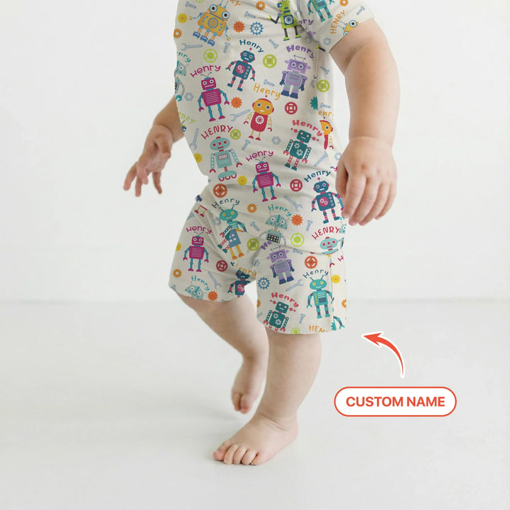 Robo Buddy Squad Custom Name Bamboo Two Piece Short Sleeve Shorts Pajama Set