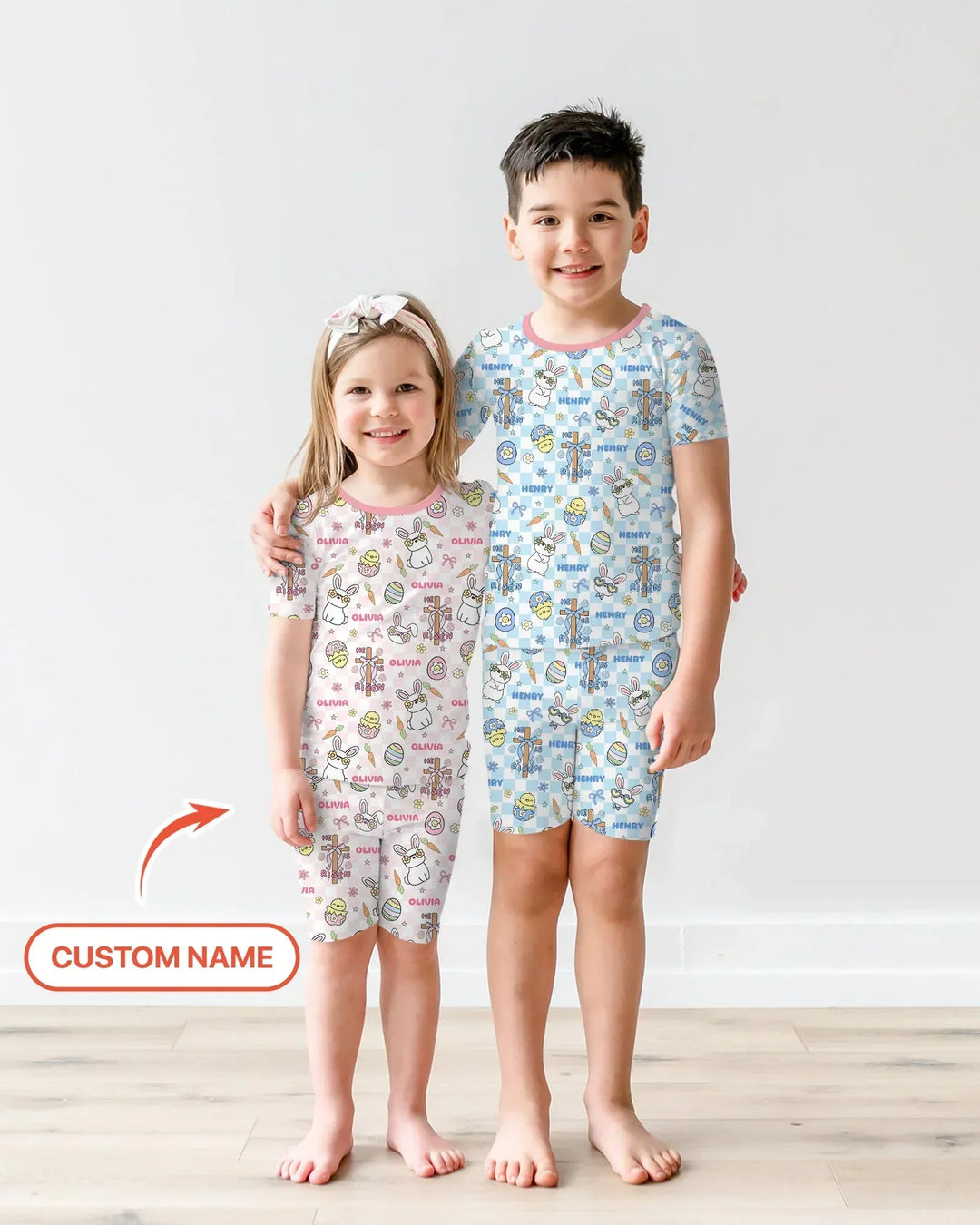 Custom Name Retro Easter Bamboo Two Piece Short Sleeve Shorts Pajama Set