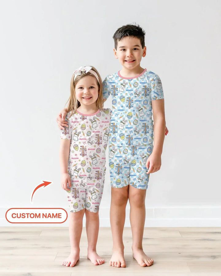Custom Name Retro Easter Bamboo Two Piece Short Sleeve Shorts Pajama Set