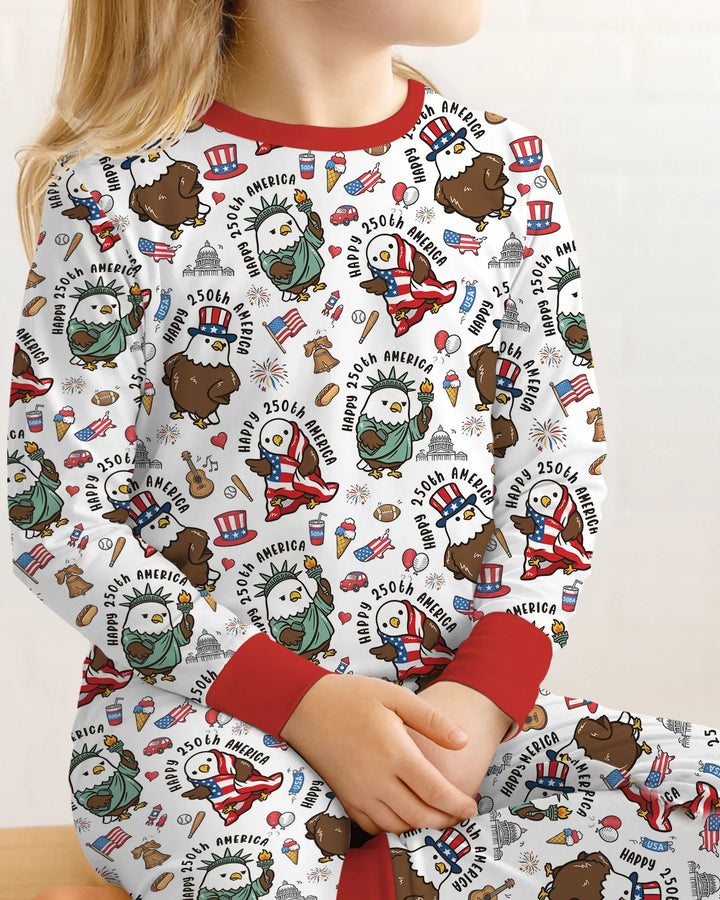 Happy 250th America Cute Patriotic Eagles Family Matching Bamboo Two Piece Long Sleeve Pajama Set