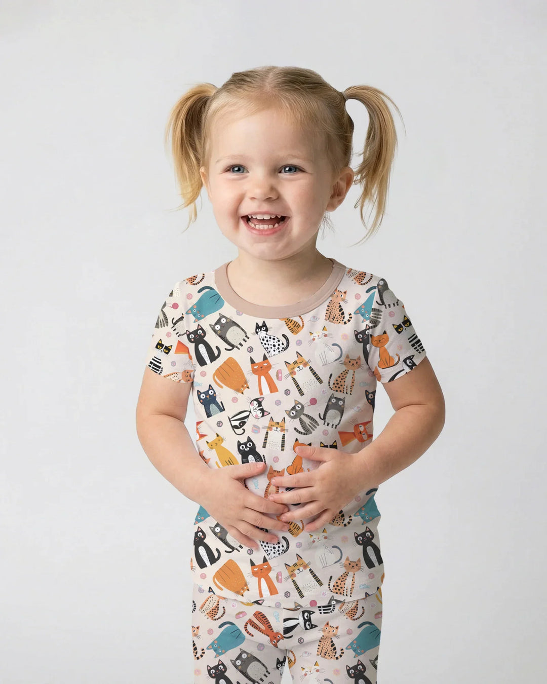 Goofy Mischief Cat Family Matching Bamboo Two Piece Short Sleeve Pajama Set