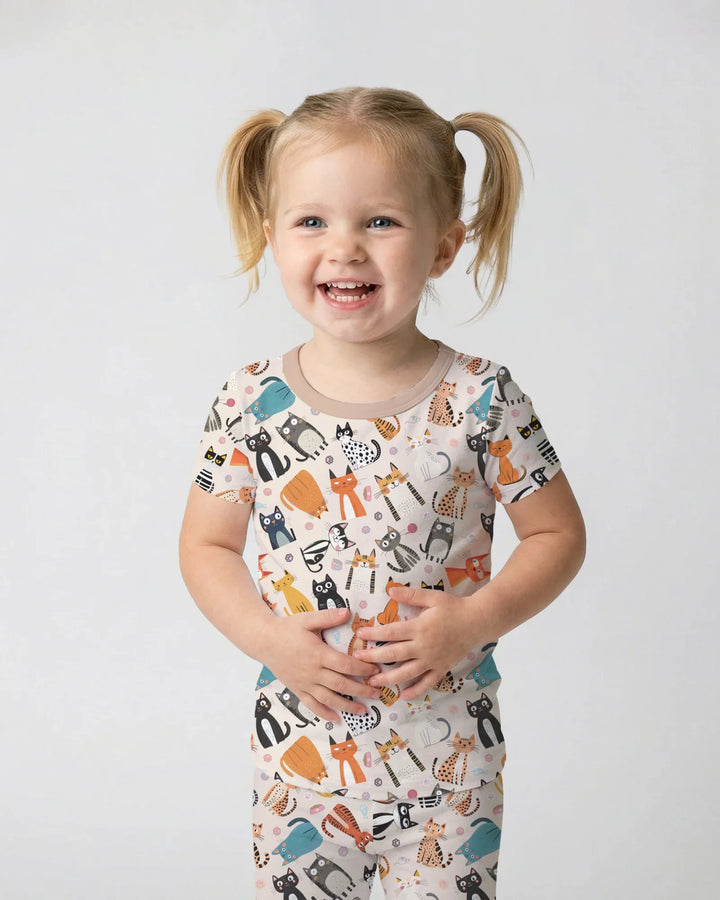 Goofy Mischief Cat Family Matching Bamboo Two Piece Short Sleeve Pajama Set