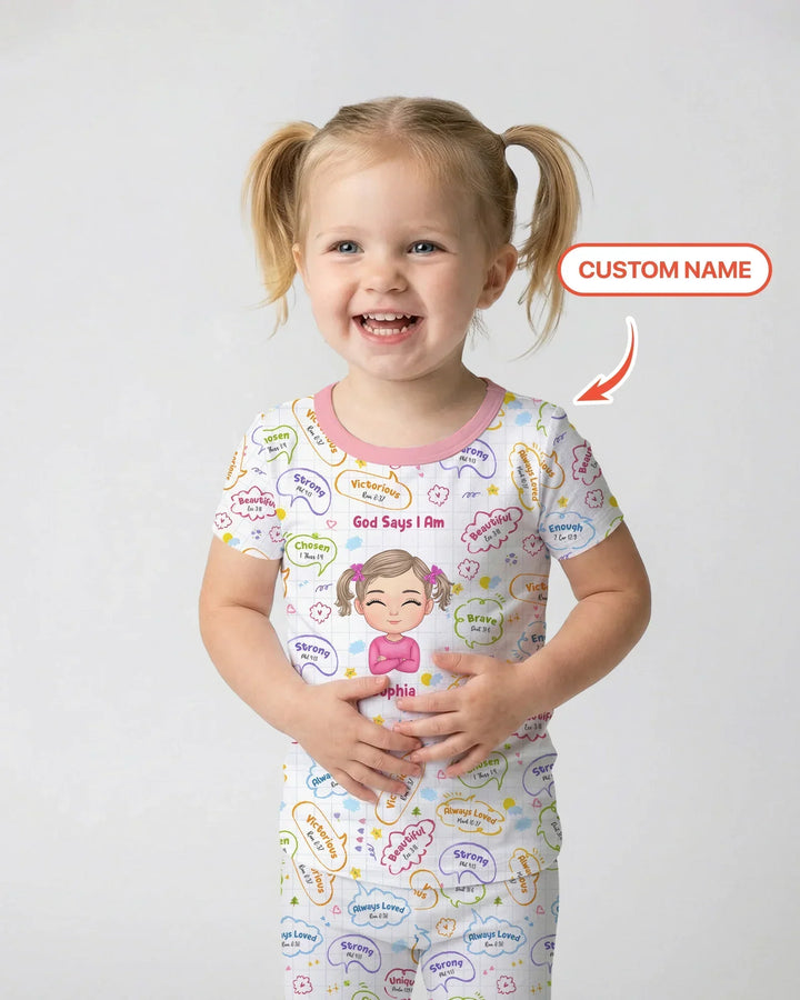 Personalized God Says I Am- Baby Girl Bamboo Two Piece Short Sleeve Pajama Set