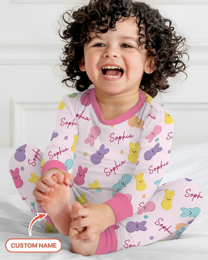 Personalized Easter Bunnies Family Matching Bamboo Two Piece Long Sleeve Pajama Set