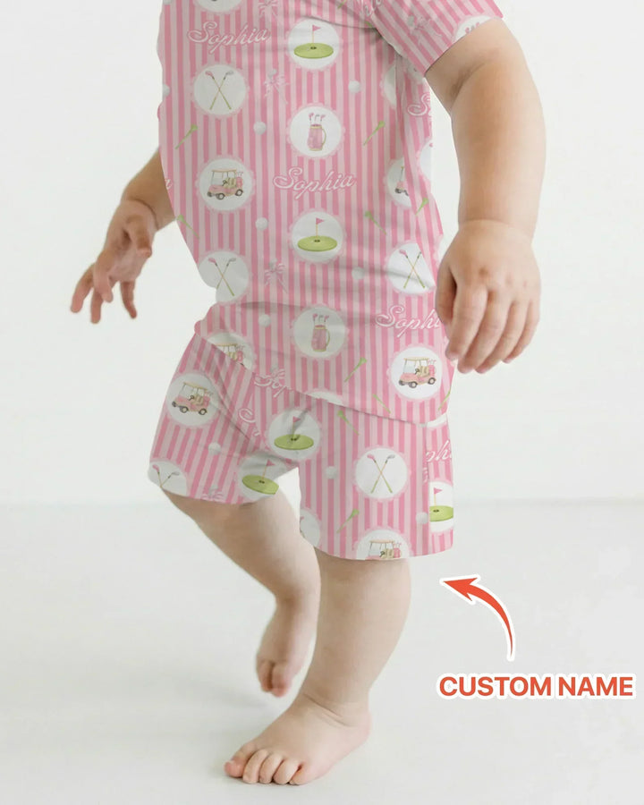 Custom Name Pink Golf Girl Bamboo Two Piece Short Sleeve Shorts Pajama Set