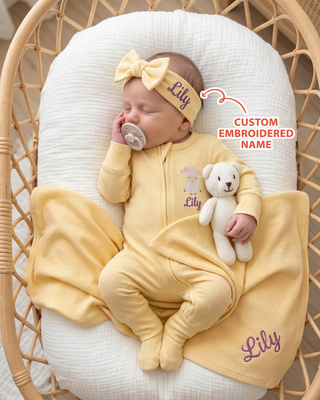 Personalized Baby Sheep Embroidered Ribbed Bamboo Welcome Home Bundle