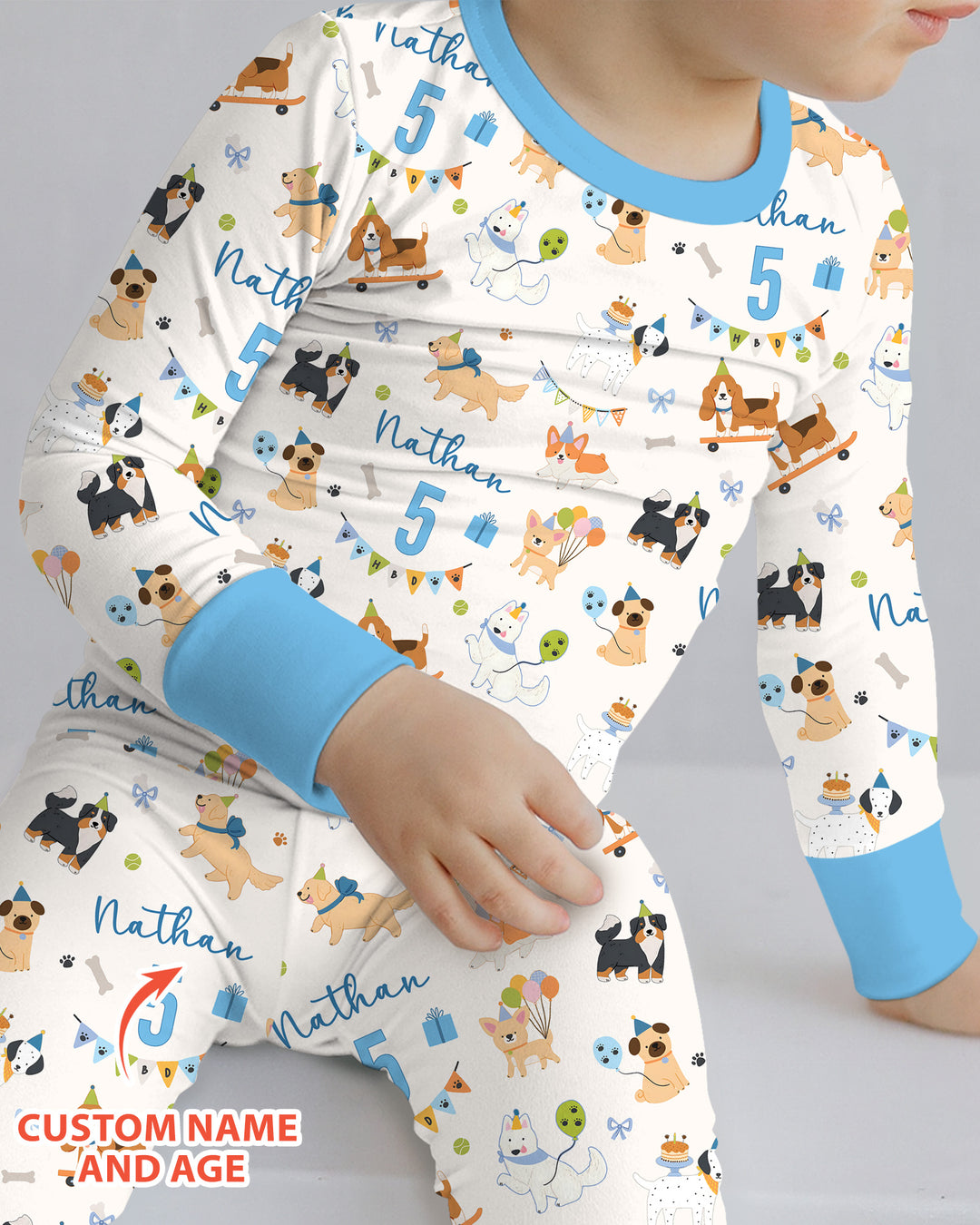 Custom Name Birthday Dogs Party Bamboo Two Piece Long Sleeve Pajama Set