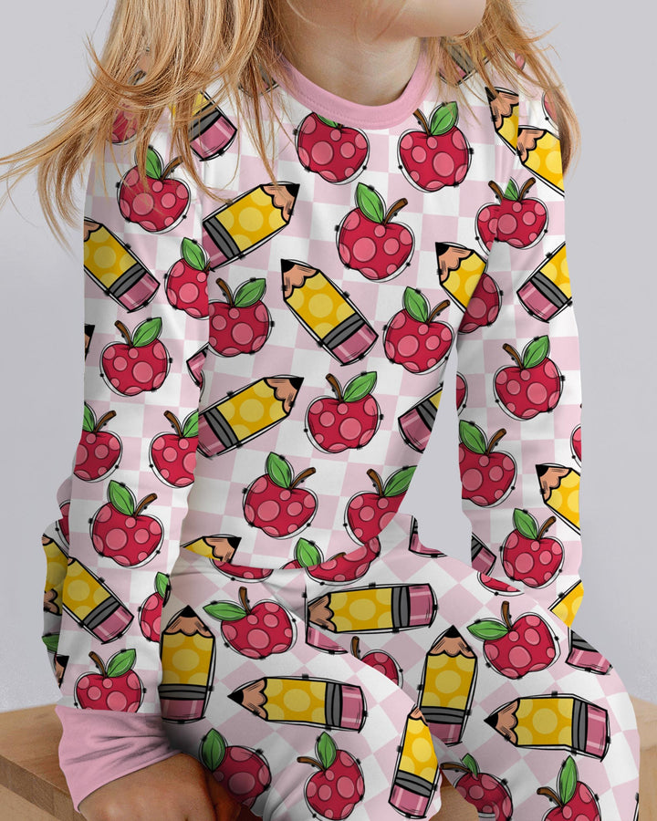 Checkered Apple Scribbles Bamboo Two Piece Long Sleeve Pajama Set