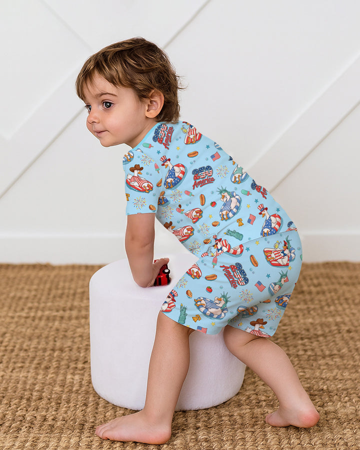 250 America Patriotic Goose Family Matching Bamboo Two Piece Short Sleeve Shorts Pajama Set