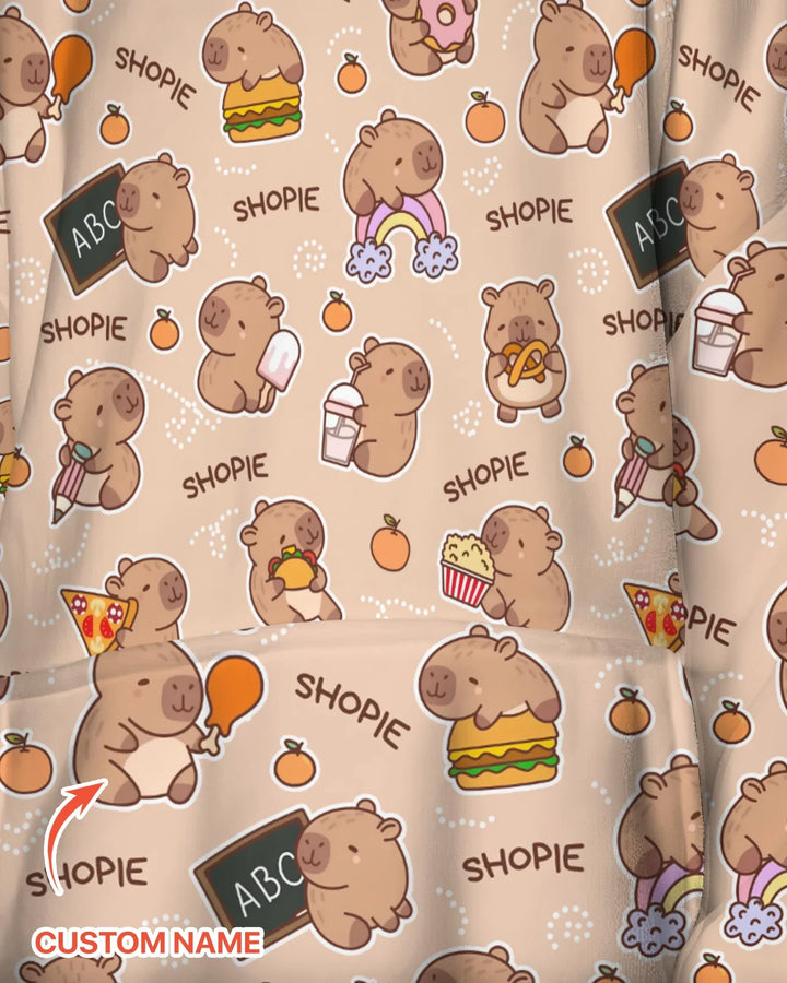 Custom Name Cute Capybara Bamboo Blanket Hoodie