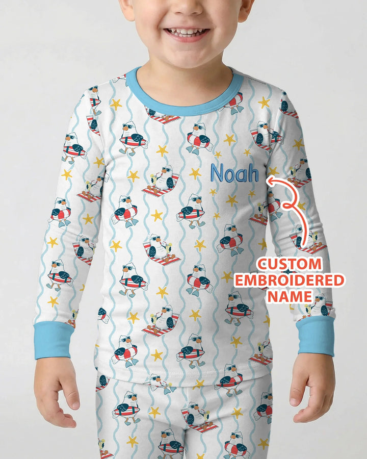 Personalized Embroidered Summer Seagull Baby Bamboo Two Piece Long Sleeve Pajama Set