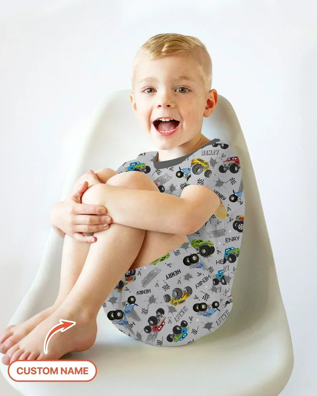Monster Truck Dirt Jam Custom Name Daddy & Me Matching Bamboo Two Piece Short Sleeve Shorts Pajama Set