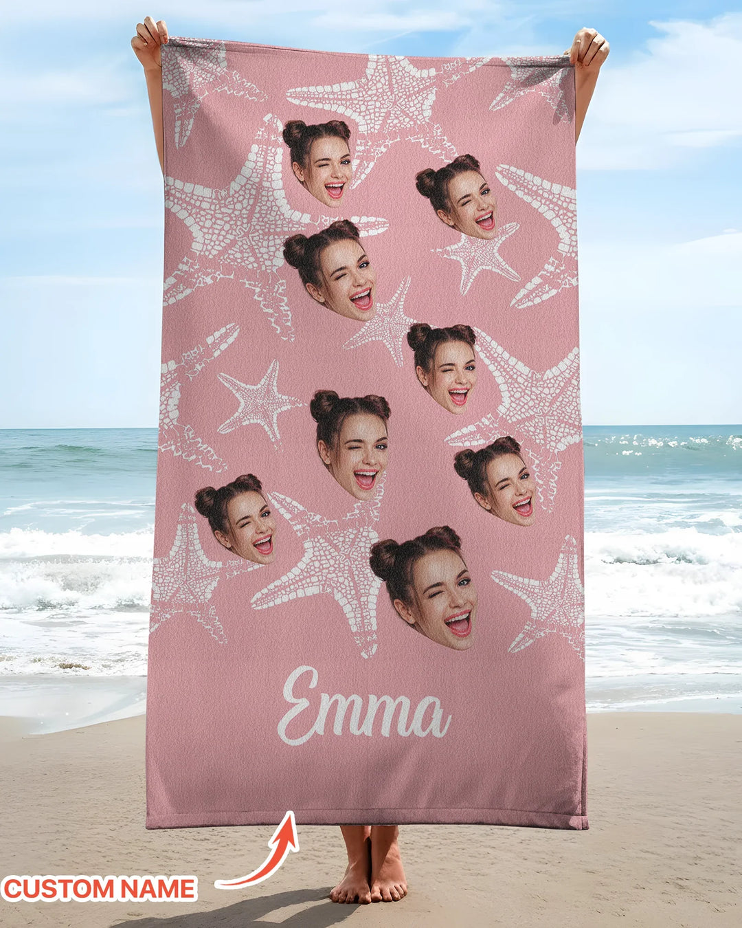 Custom Photo Starfish With Names Bamboo Beach Towel