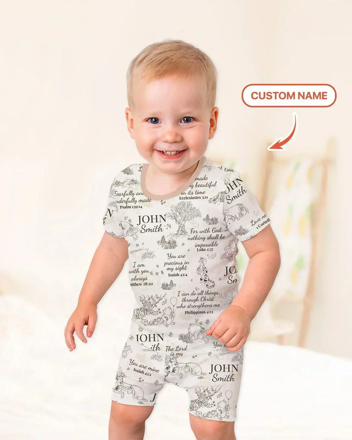 Classic Bear Bible Verse Custom Name Bamboo Two Piece Short Sleeve Shorts Pajama Set