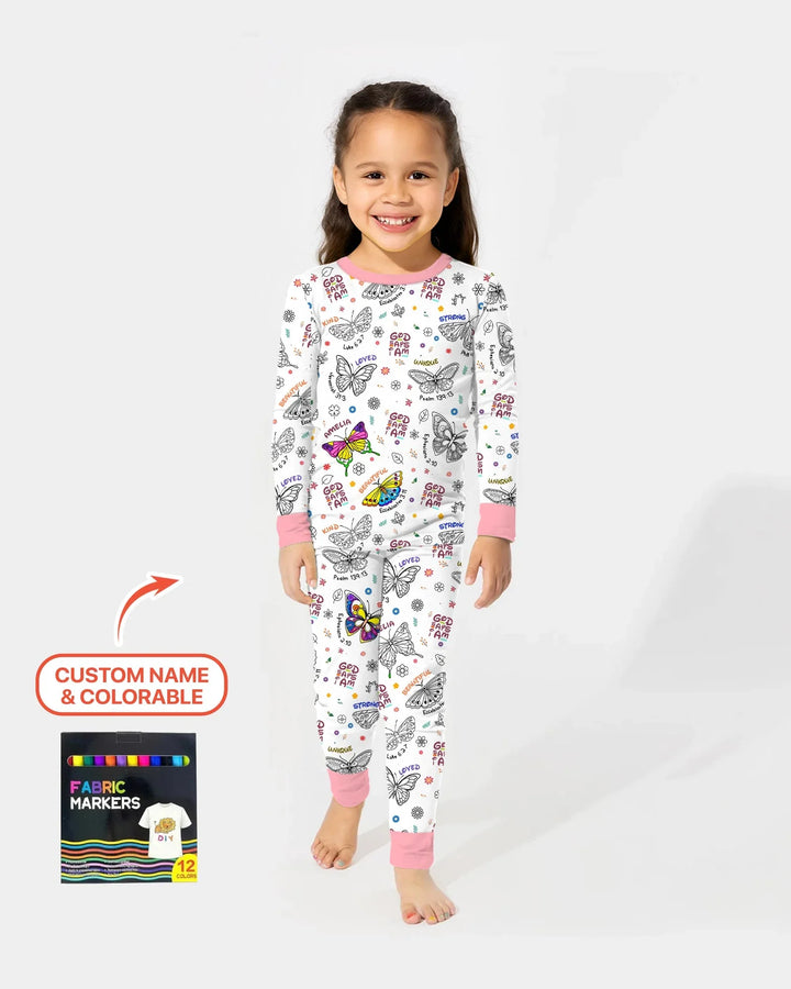 Colorable Custom Name God Says I Am Butterfly Bamboo Two Piece Long Sleeve Pajama Set