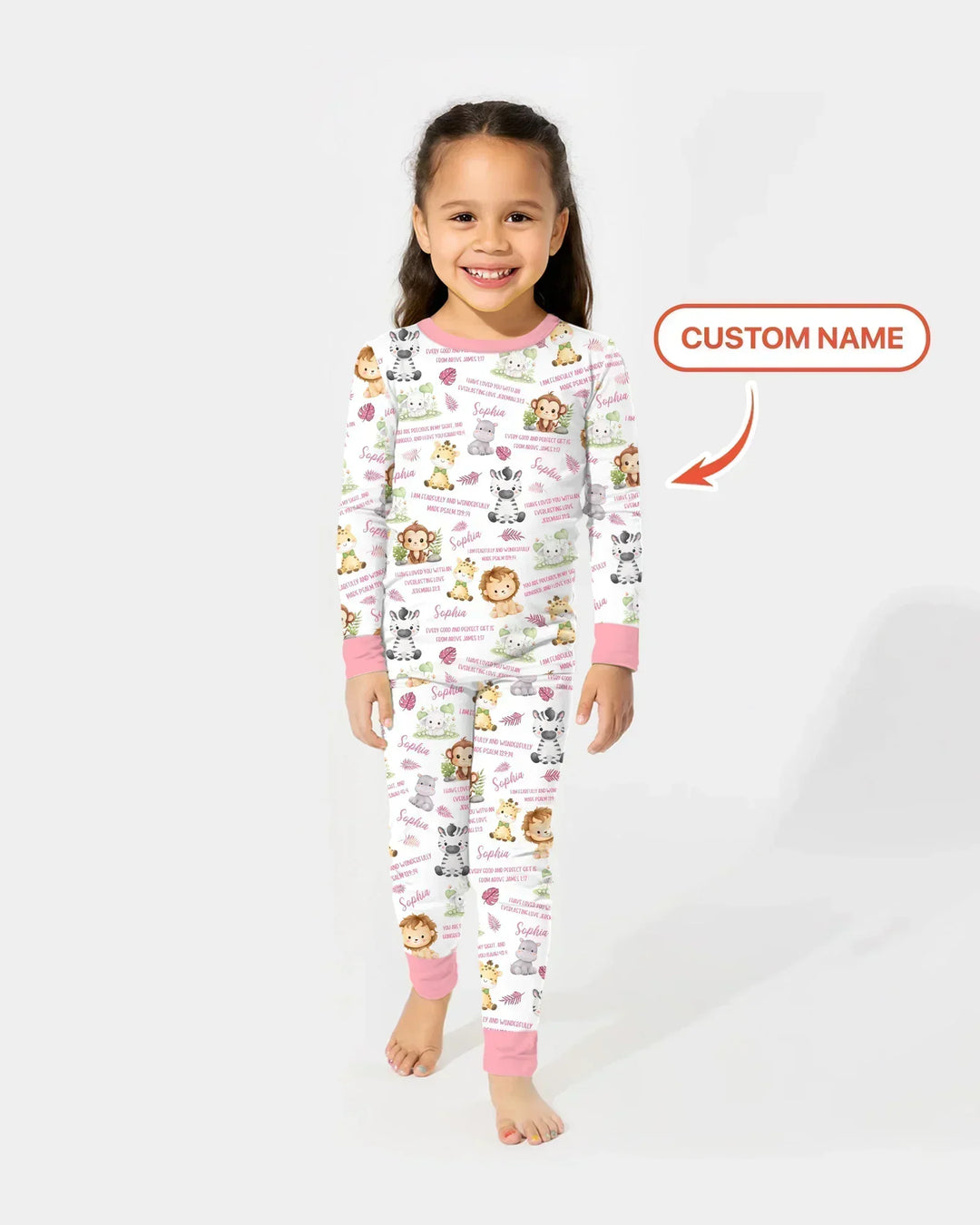 Custom Name Bible Verse Safari Animal Bamboo Two Piece Long Sleeve Pajama Set