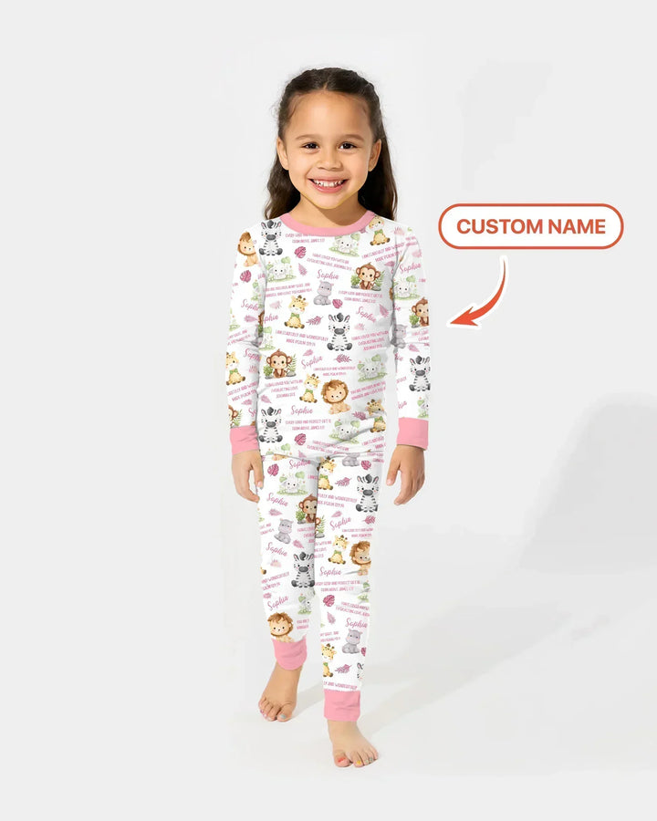 Custom Name Bible Verse Safari Animal Bamboo Two Piece Long Sleeve Pajama Set