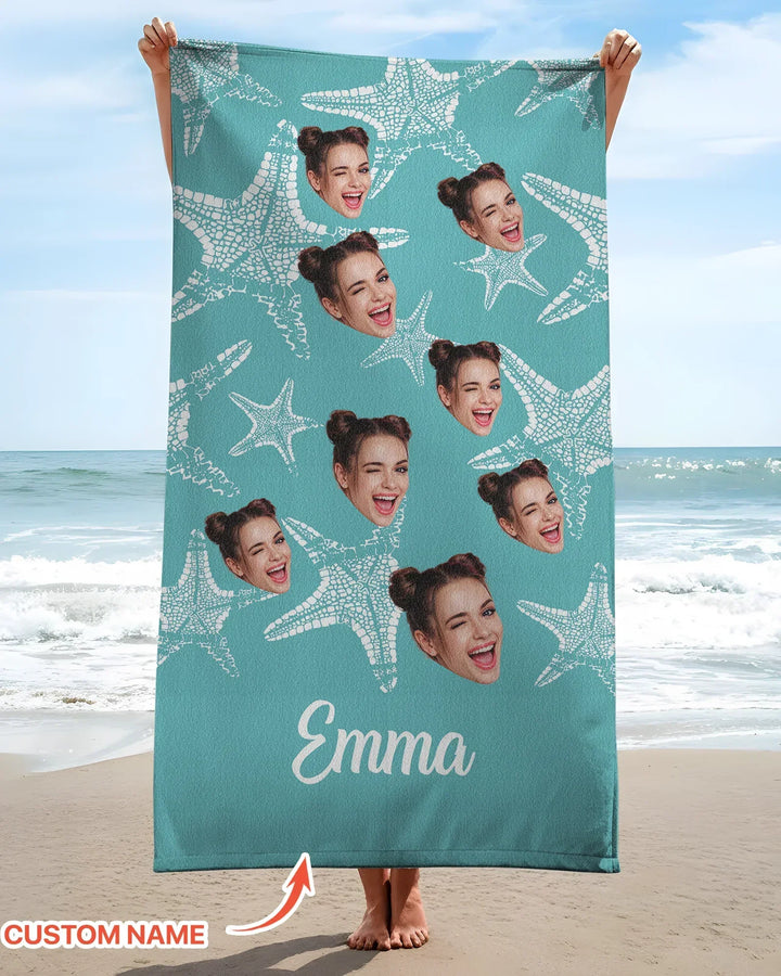 Custom Photo Starfish With Names Bamboo Beach Towel