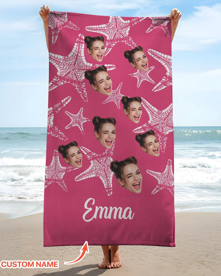 Custom Photo Starfish With Names Bamboo Beach Towel