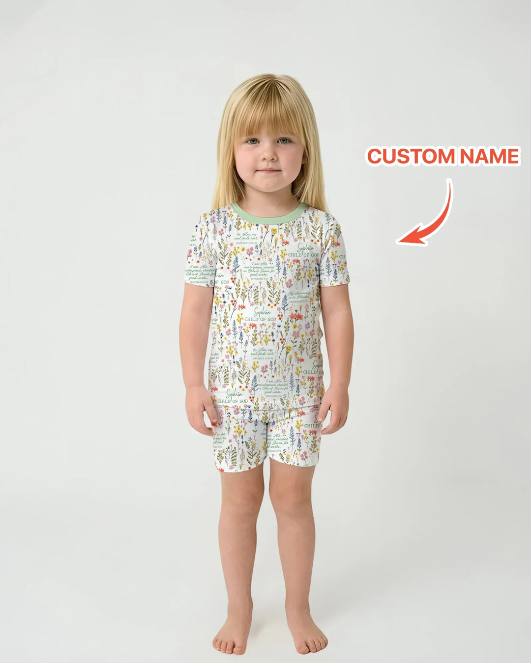 Custom Name Child of God Flower Garden Bamboo Two Piece Short Sleeve Shorts Pajama Set