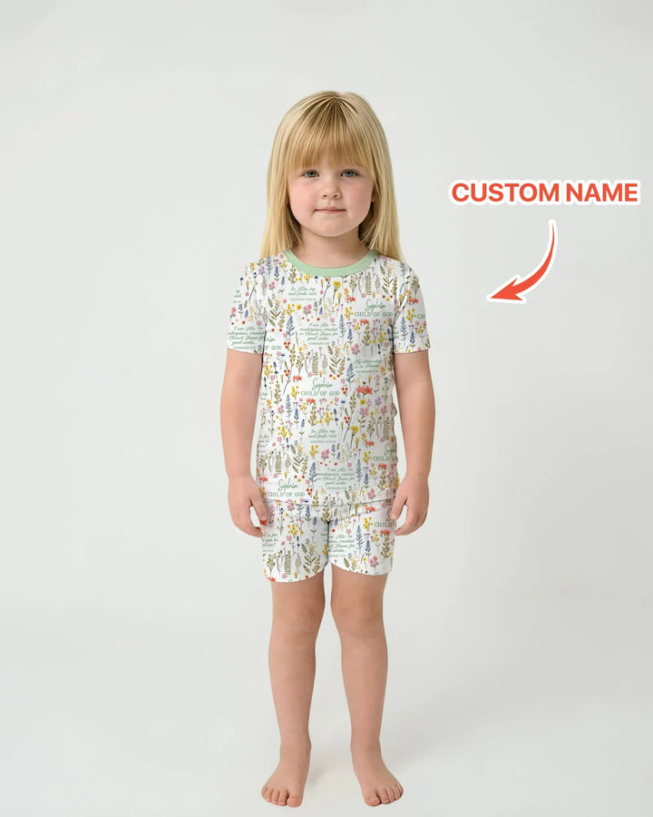 Custom Name Child of God Flower Garden Bamboo Two Piece Short Sleeve Shorts Pajama Set