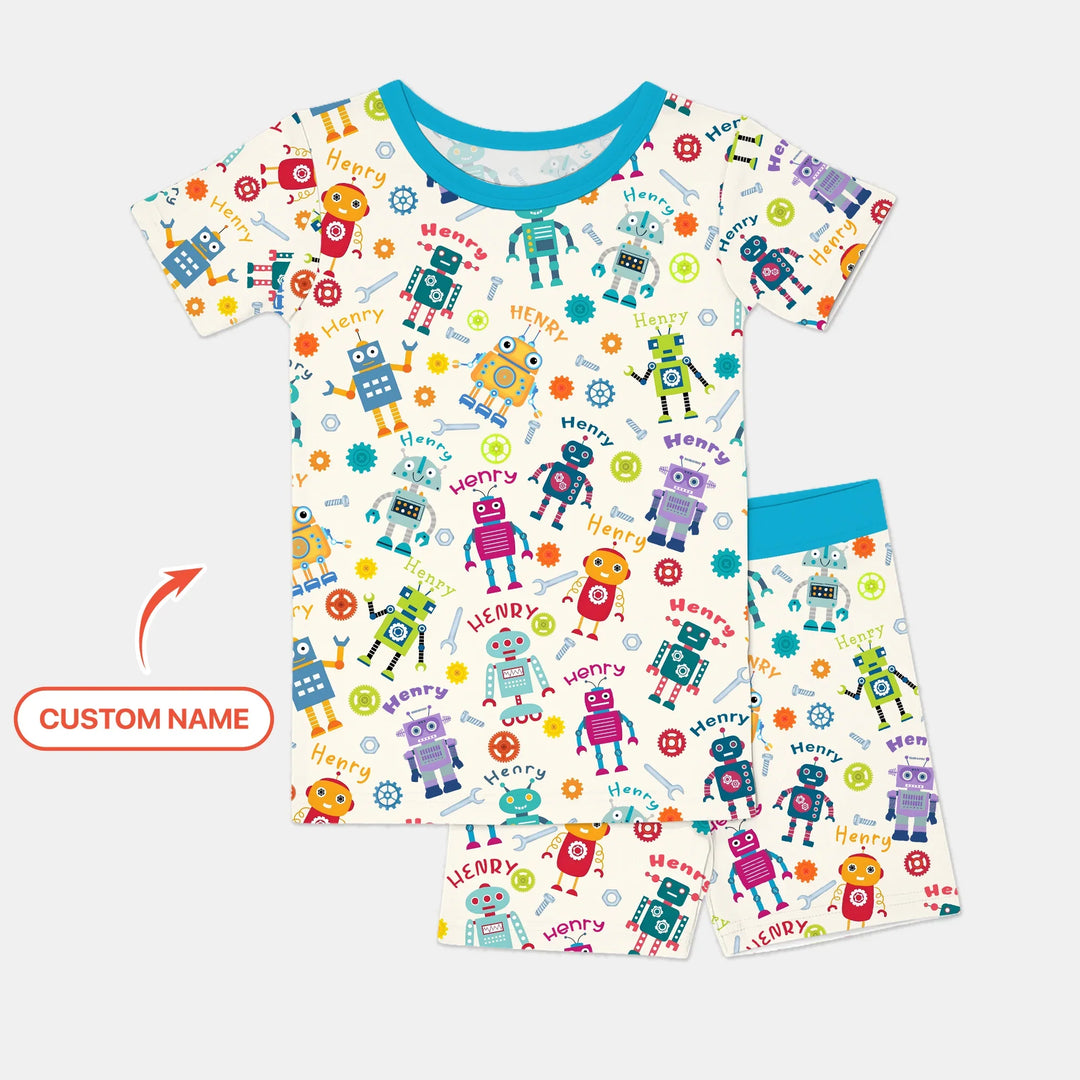 Robo Buddy Squad Custom Name Bamboo Two Piece Short Sleeve Shorts Pajama Set