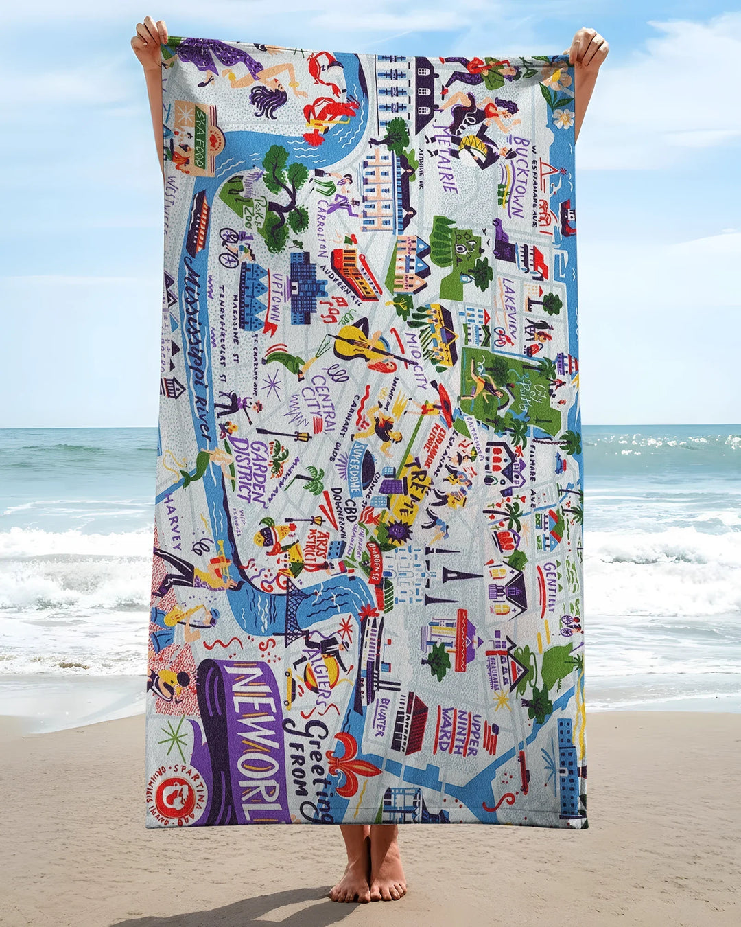 New Orleans Jazz & Culture Map Bamboo Beach Towel