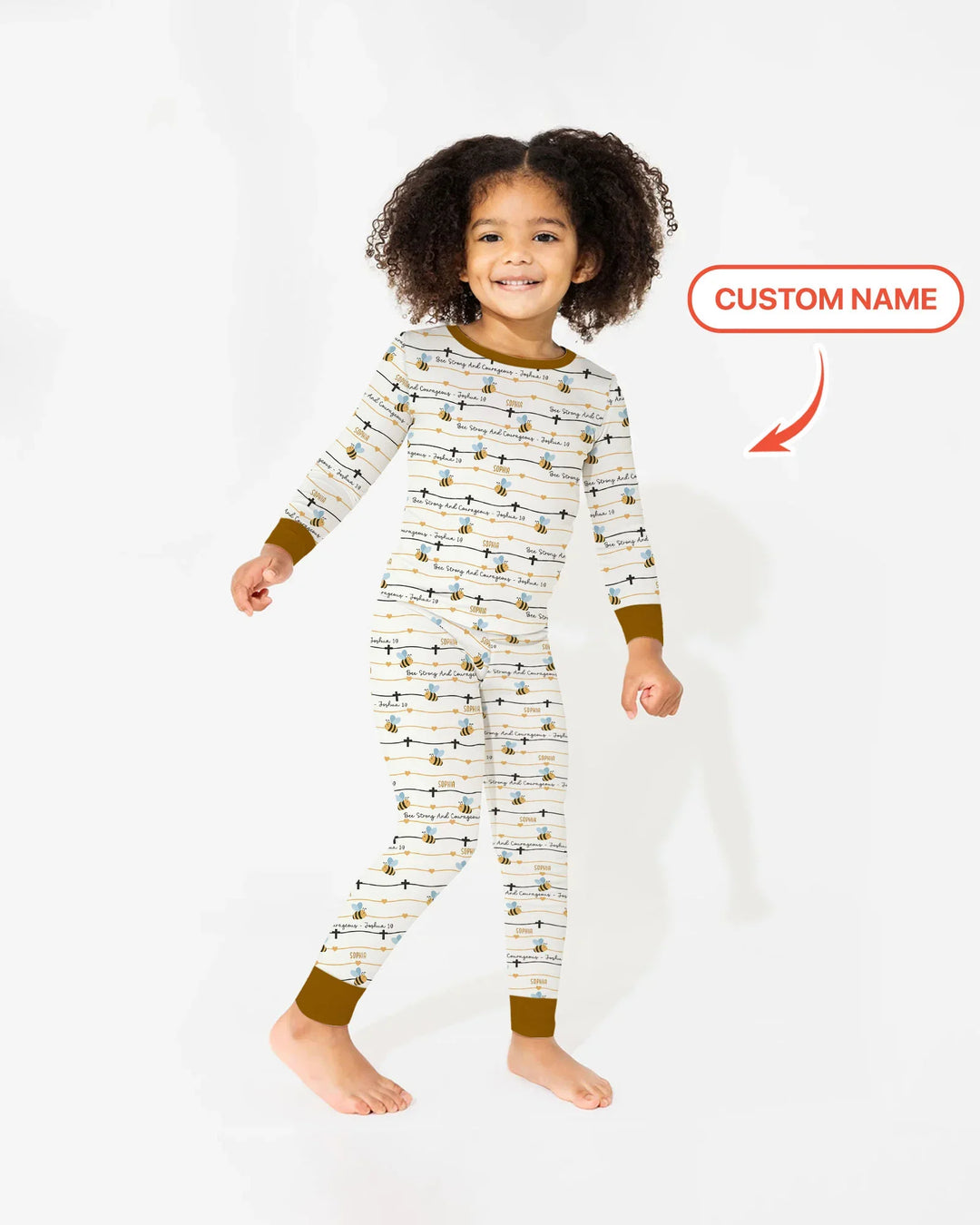 Bee Strong And Courageous Custom Name Bamboo Two Piece Long Sleeve Pajama Set