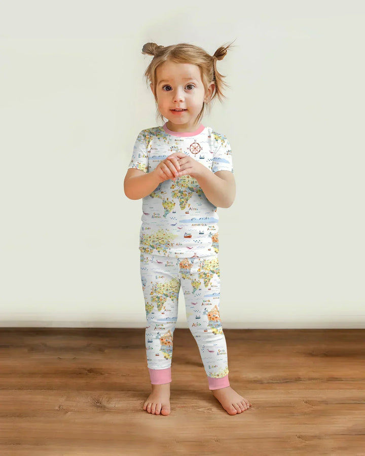Whimsical World Map Family Matching Bamboo Two Piece Short Sleeve Pajama Set
