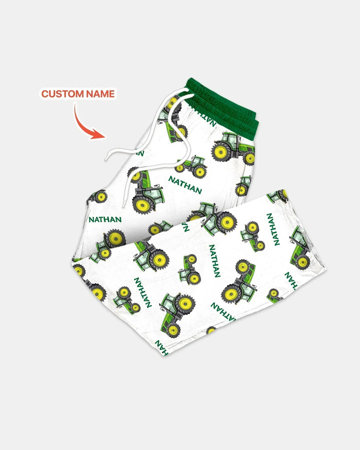 Custom Name Green Tractors Matching Daddy & Me Bamboo Men's Pajama Set
