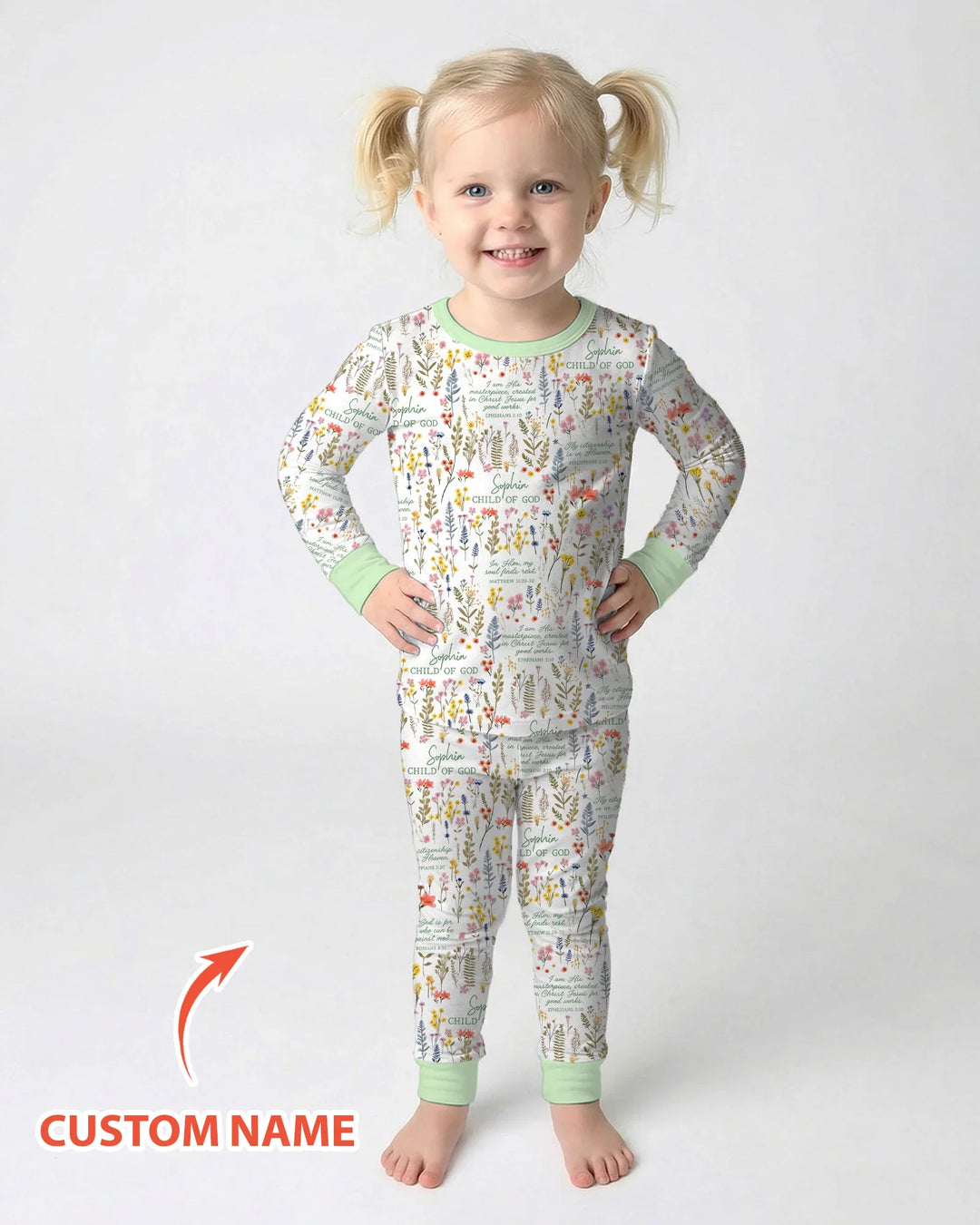 Custom Name Child of God Flower Garden Bamboo Two Piece Long Sleeve Pajama Set