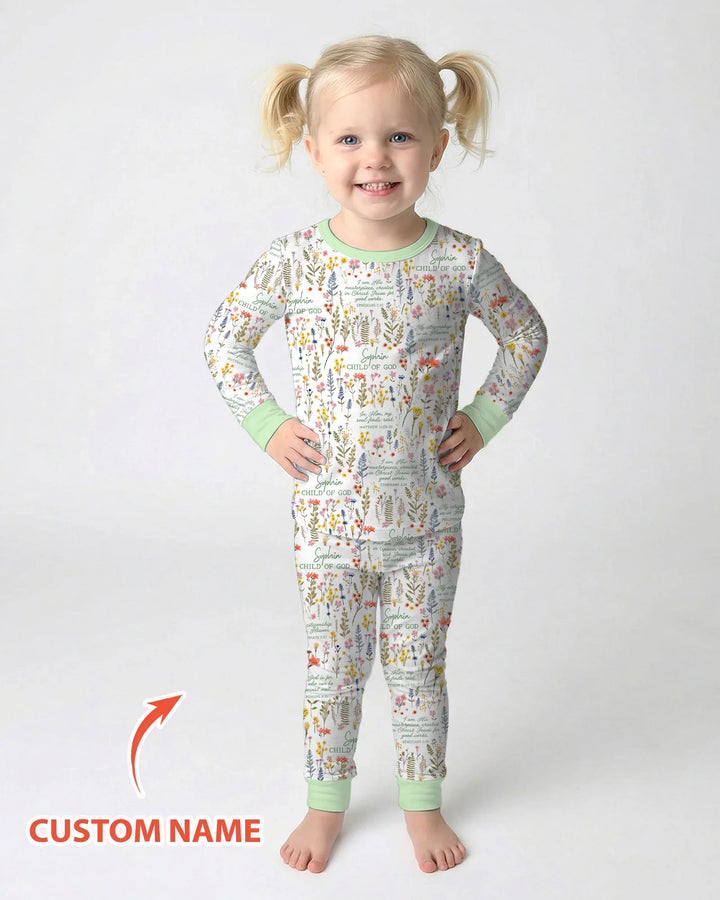 Custom Name Child of God Flower Garden Bamboo Two Piece Long Sleeve Pajama Set