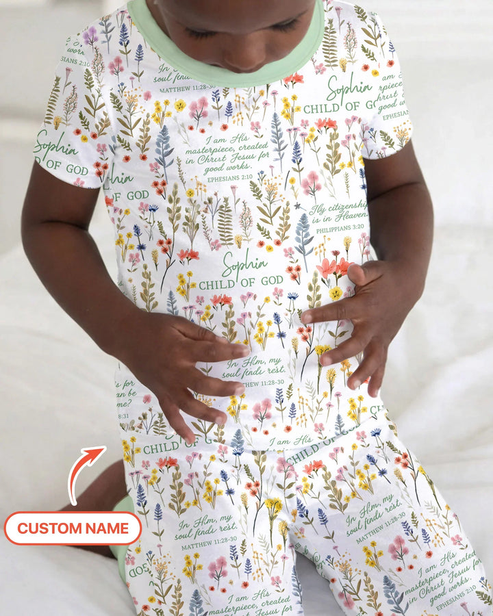 Custom Name Child of God Flower Garden Bamboo Two Piece Short Sleeve Pajama Set