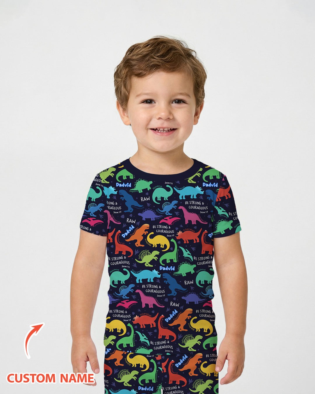 Be Strong and Courageous Dinosaur Christian Bamboo Two Piece Short Sleeve Pajama Set
