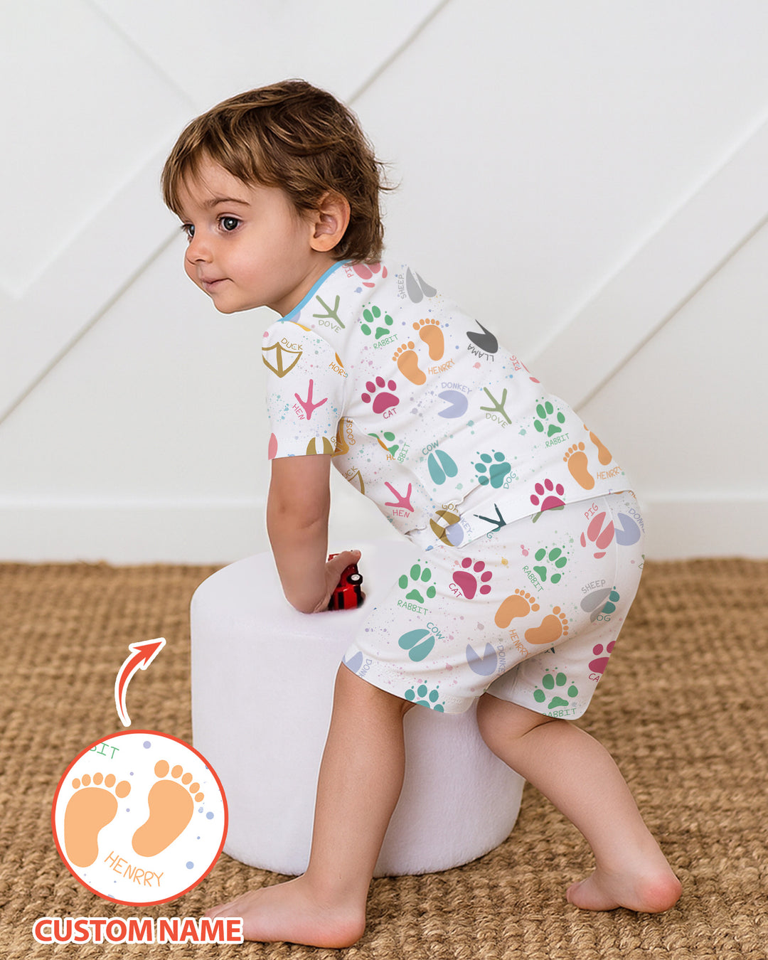 Cute Farm Animal Tracks Custom Name Bamboo Two Piece Short Sleeve Shorts Pajama Set