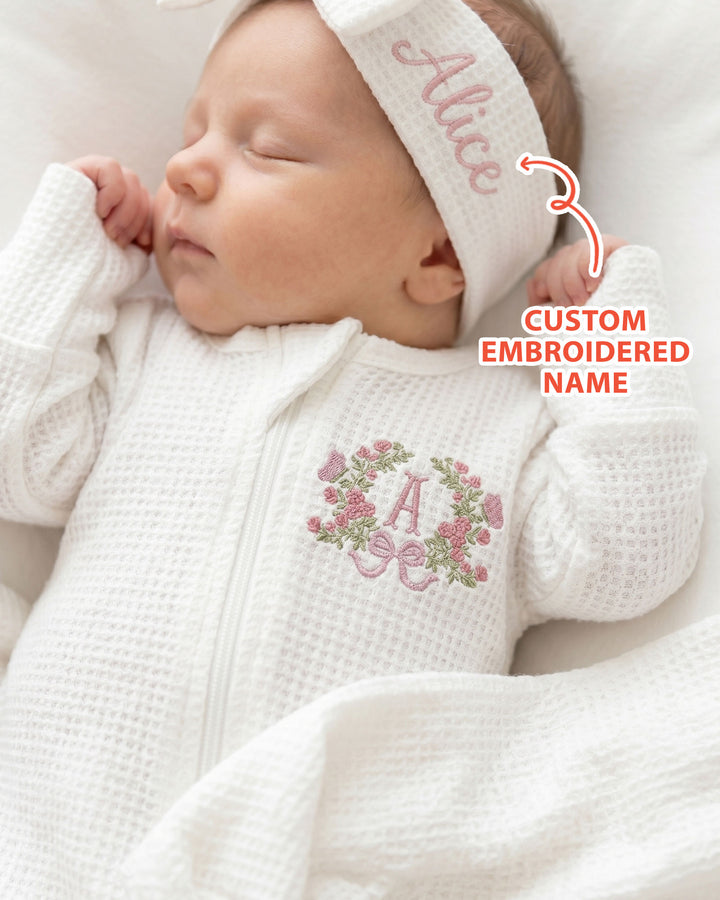 Personalized Flower Wreath Embroidered Waffle Bamboo Zipper Footie