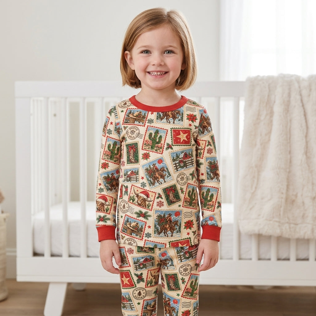 Western Christmas Stamps Bamboo Two Piece Long Sleeve Pajama Set