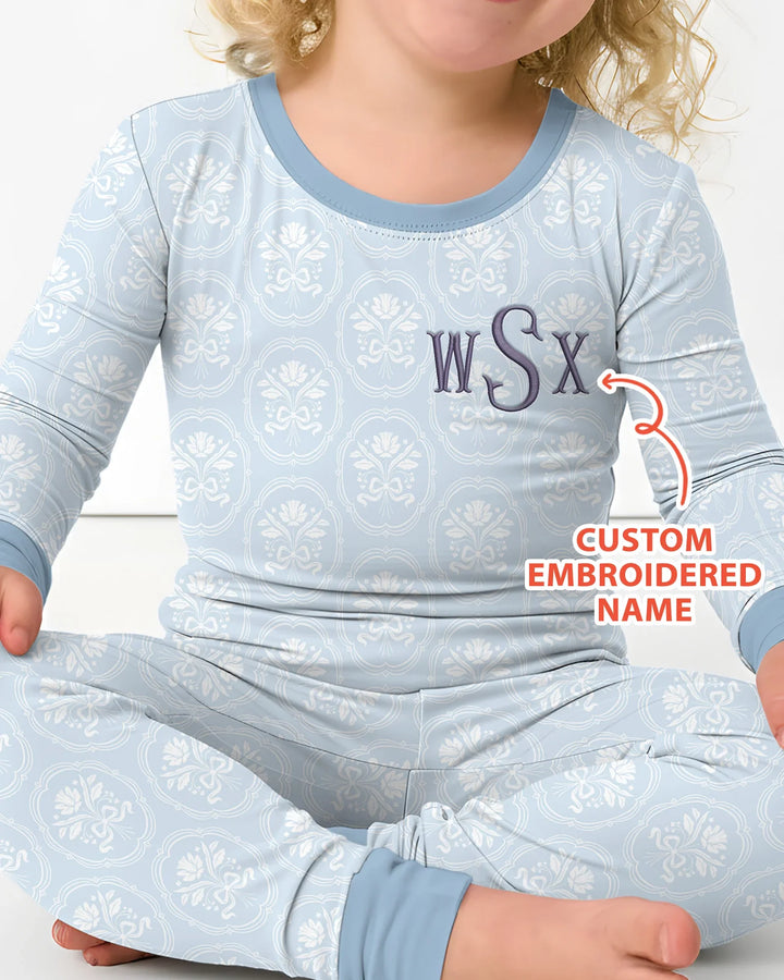 Personalized Floral Embroidered Baby Bamboo Two Piece Long Sleeve Pajama Set