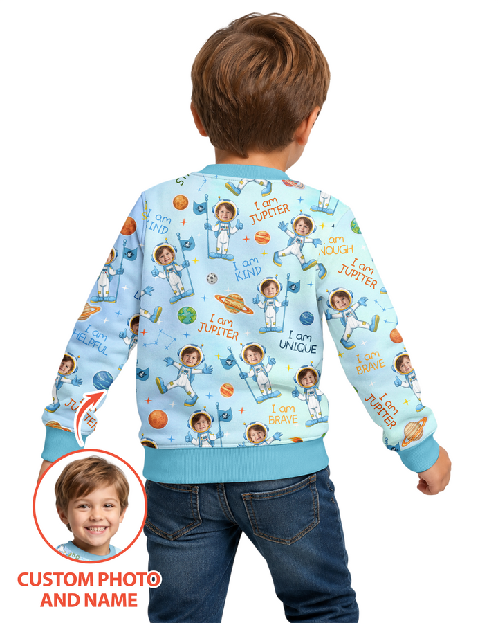 Custom Photo Kid Affirmations I Am Kind Astronaut Bamboo Crewneck Sweatshirt