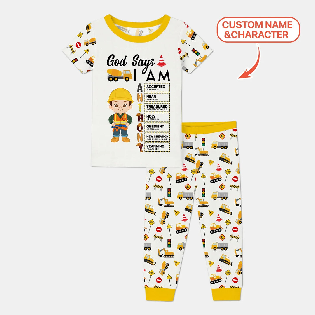 Custom Name God Says I Am Little Builder Letter in Bible Bamboo Two Piece Short Sleeve Pajama Set
