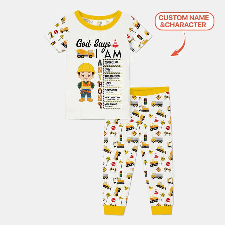 Custom Name God Says I Am Little Builder Letter in Bible Bamboo Two Piece Short Sleeve Pajama Set