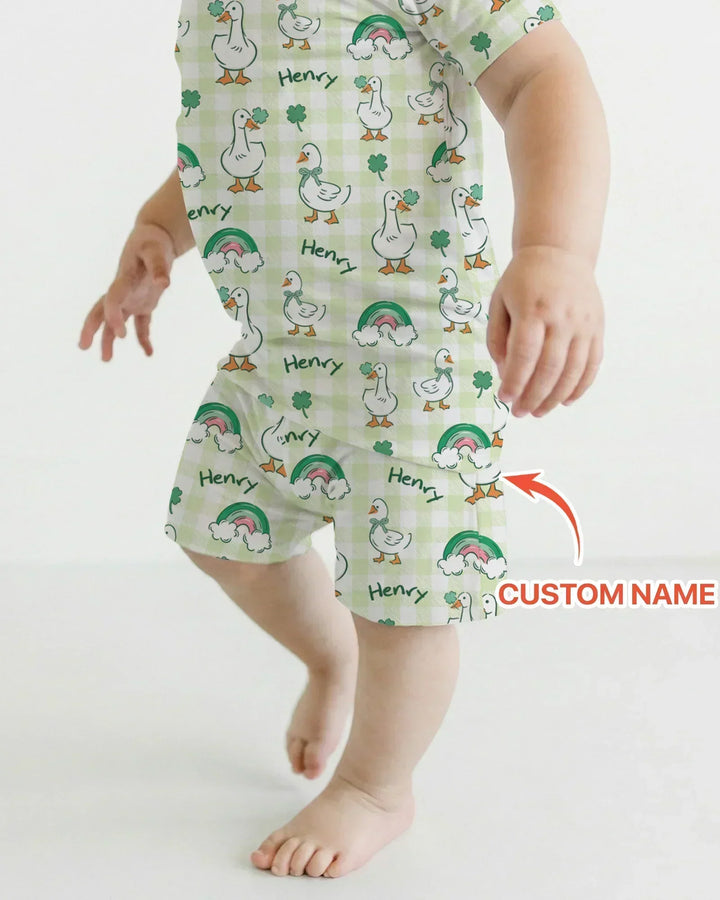 Custom Name Lucky Ducks Bamboo Two Piece Short Sleeve Shorts Pajama Set