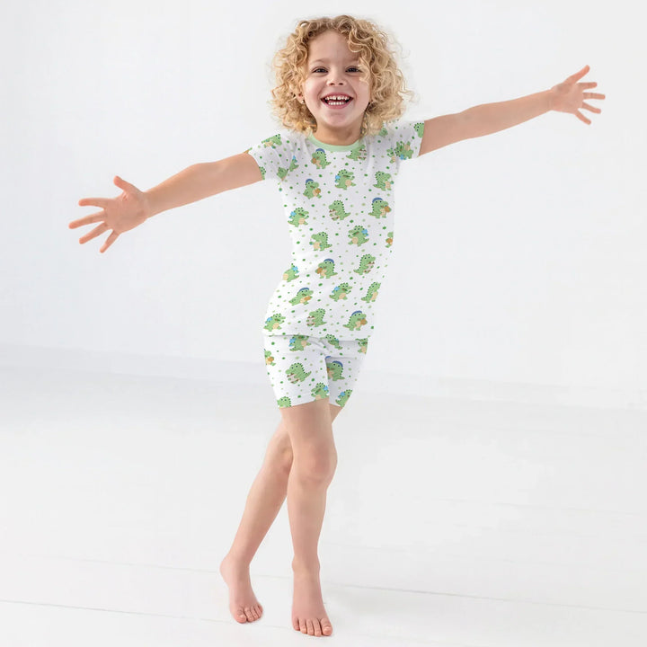 Shabbat Dinosaur Bamboo Two Piece Short Sleeve Shorts Pajama Set