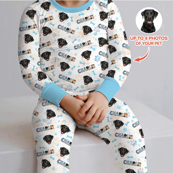 Custom Name Doodle Letters Blue Dog Bamboo Two Piece Long Sleeve Pajama Set