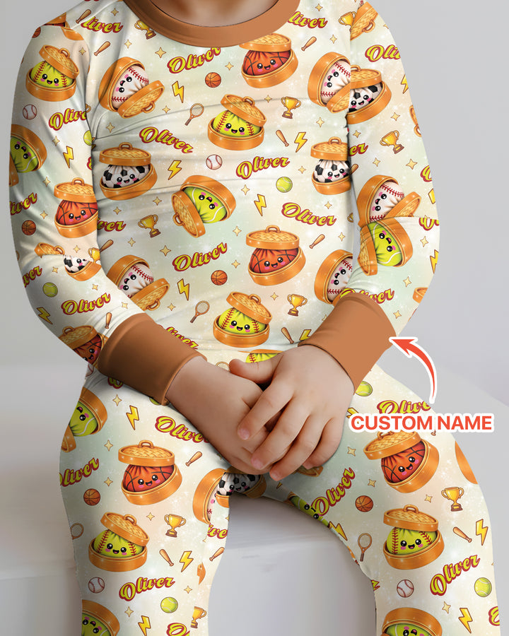 Custom Name Sports Dumpling Bamboo Two Piece Long Sleeve Pajama Set
