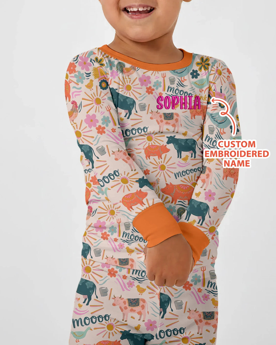 Custom Name Embroidered Colorful Farm Life  Bamboo Two Piece Long Sleeve Pajama Set