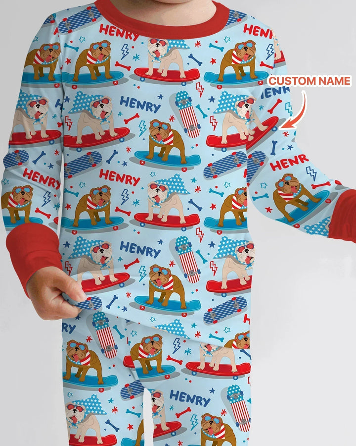 Personalized Patriotic Skate Pups Family Matching Bamboo Two Piece Long Sleeve Pajama Set