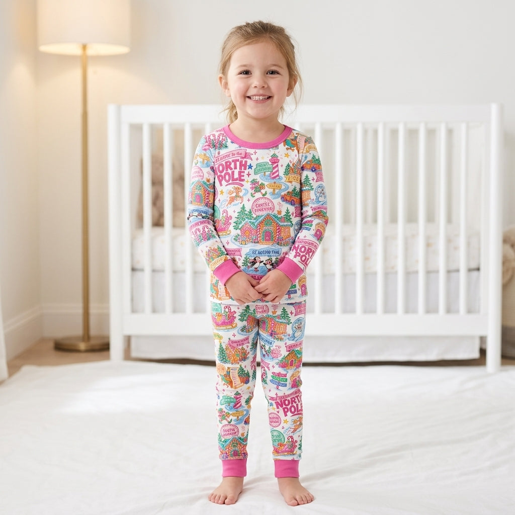 Retro North Pole Bamboo Two Piece Long Sleeve Pajama Set