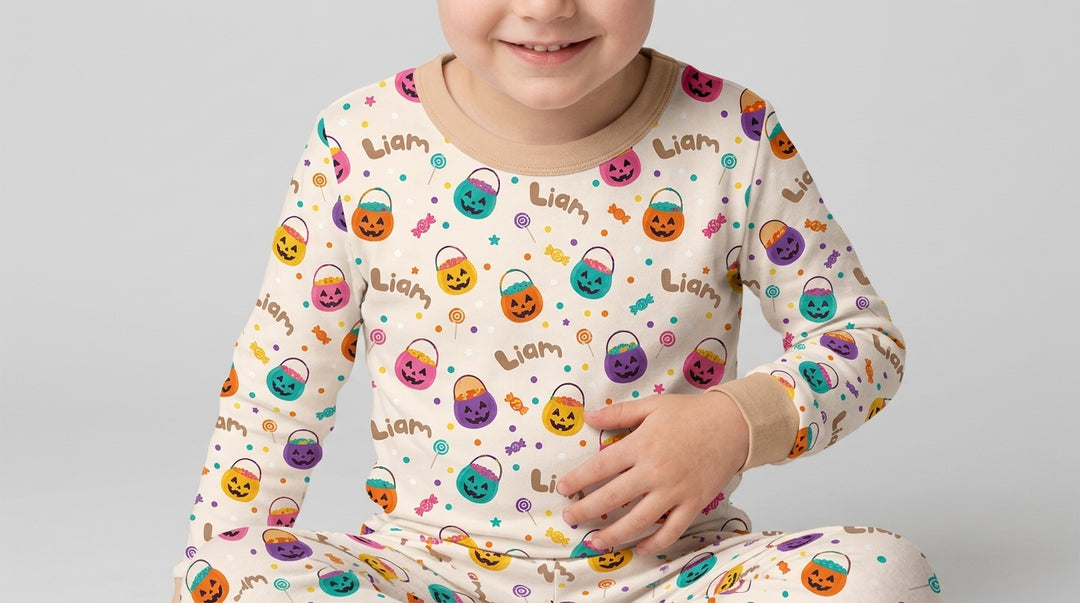 Custom Colorful Trick Or Treat Halloween Candy Bag Bamboo Two Piece Long Sleeve Pajama Set